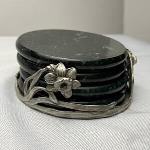 VTG Seagull Pewter 1992 Green Marble Coaster Set 4 Art Nouveau Floral Holder